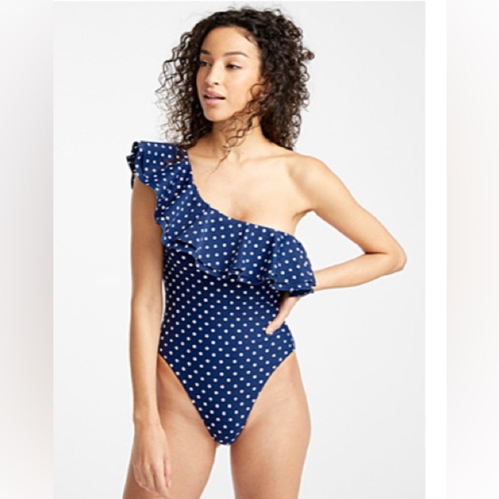 WeWoreWhat Stella Ruffle single-strap one-piece polka dot swimsuit